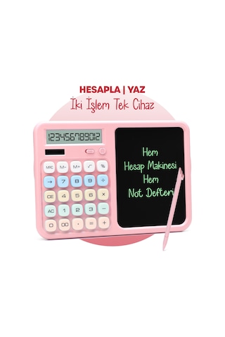 Lcd Ekran Yazı Tahtalı Hesap Makinesi 12 Haneli Tabletli Hesap Makinesi Pastel Pembe