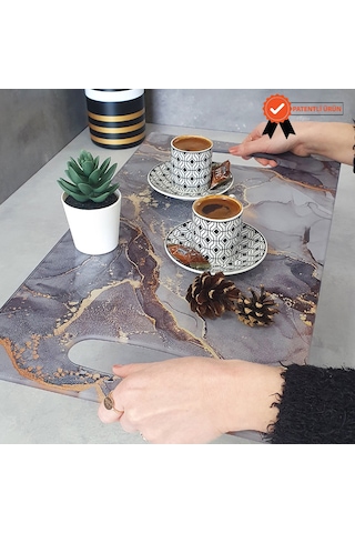Decorita Cam Tepsi Gold Mermer Desen 29Cm X 52Cm