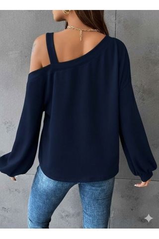 Moderie Butik Kadın Uzun Kollu Tek Omuz Askı Detay Salaş Viskon Iki Iplik Bluz Lacivert