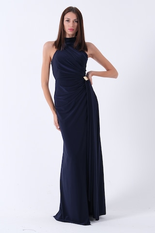 Feminist Lacivert Halter Yaka Drapeli Beli Gold Toka Detaylı Straplez Abiye 9705862