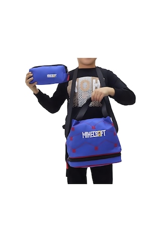 Erkek Çocuk 3 Lü Okul Çanta Seti Sırt Çantası, Beslenme Çantası Ve Kalemlik Mavi Minecraft