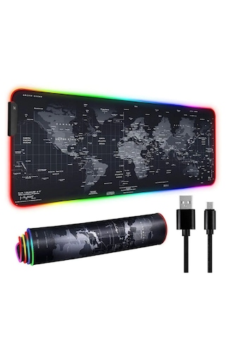Rgb Dünya Harita Desenli Mouse Pad Led Işıklı Su Geçirmez Gaming