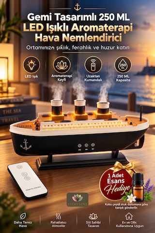 Gemi Tasarımlı 250 Ml Led Işıklı Aromaterapi Hava Nemlendirici Buhar Makinesi Uzaktan Kumandalı Zaman Ayarlı