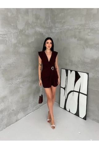 Valensdesign Kruvaze Drapeli Tokalı Mini Elbise Şık Gece Davet Abiye - Kahverengi