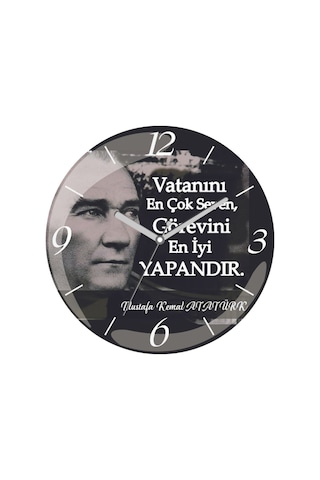 Atatürk Bombeli Gerçek Cam Duvar Saati Siyah