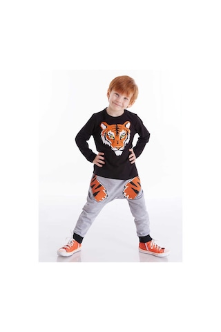 Denokids Erkek Çocuk Kaplan Pençesi T-shirt Pantolon Takım - Siyah Siyah
