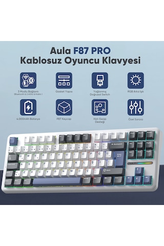 Aula F87 Pro Mekanik Rgb Tkl Graywood V4 Switch Kablosuz Makrolu Hot Swap Türkçe Q Klavye Mavi