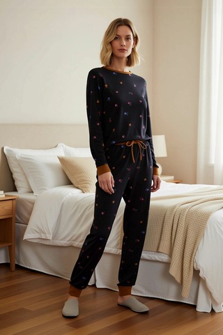 Benerly Kadın Bisiklet Yaka Standart Kol Çiçekli Örme Pijama Takımı Fonks Siyah