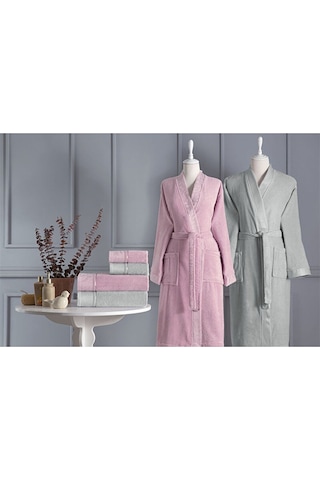 Özdilek Ditsy Aile Bornoz Seti Gri - Pembe
