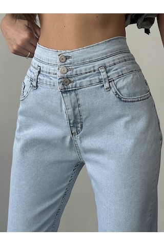 Kadın 3 Kemerli Yüksek Bel Kot Dar Paça Pantolon Buz Kar