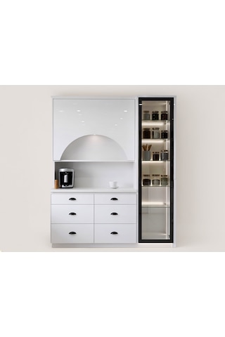 Lüks High Gloss Mutfak Dolabı & Kahve Köşesi - %100 Mdf Gövde, Led Aydınlatmalı, 6 Çekmeceli Parlak Beyaz