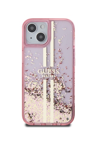 Apple Uyumlu iPhone 14 Kılıf Guess Lisanslı Transparan Sıvılı Simli Altın Çizgili Kapak Pembe