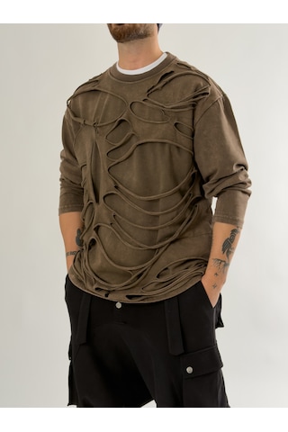 Cocopelli Street Yıkamalı Kahverengi Tasarım Erkek Sweatshirt Coc2648 Kahverengi
