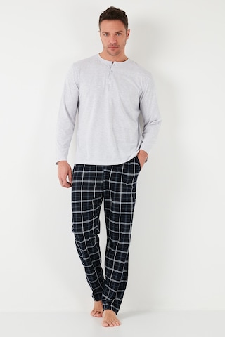 Buratti Ekoseli Pamuklu Beli Lastikli Regular Fit Uzun Kollu Erkek Pijama Takımı 6572003 Gri Melanj