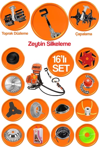 Deko DTES79 16 Parçalı Benzinli Sırt Tipi Tırpan + Çapalama Aparatı + Eşeleme + Zeytin Silkeleme Set