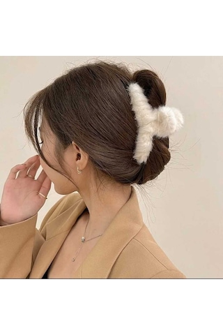 Peluş Yumuşak Tüylü Mandal Toka Beyaz