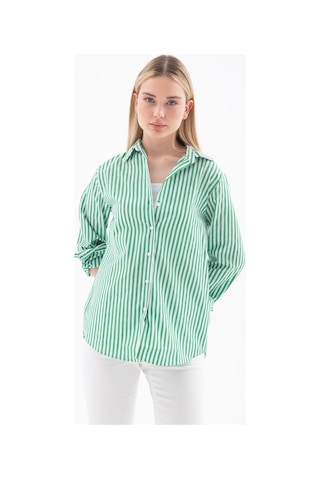 Fashion Friends Oversize Kadın Çizgili Gömlek Yeşil