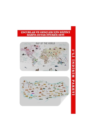Eğitici - Öğretici Dünya Ve Türkiye Haritası Çocuk Odası Duvar Sticker-60x105-3884 Renkli