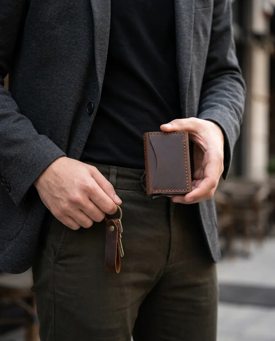 Natderi Hakiki Deri Mekanizmalı Cüzdan Anahtarlık Hediyelik Set El Dikişi Unisex Taba 7x10 Cm