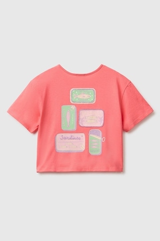 United Colors Of Benetton Kız Çocuk Mercan Ön Ve Arka Baskı Detaylı Boncuk İşlemeli Geniş Yaka T-shirt 6-14 Yaş -2861 Pembe