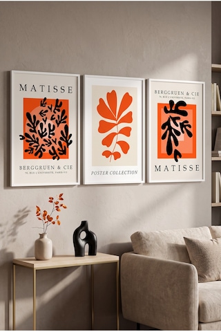 Beyaz Ahşap Çerçeveli Turuncu Siyah Matisse Soyut Botanik Üçlü Duvar Tablosu Modern Sanat Dekorasyonu Kabartma Görünümlüdür Beyaz - 910400485 Beyaz