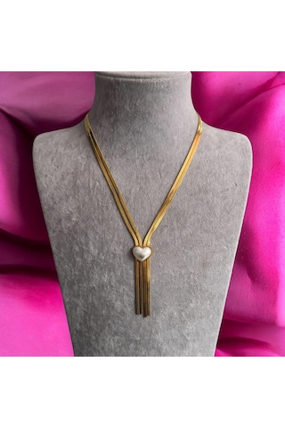 Kırmızı Sanat Evi İkili Gold Çelik Zincirli Şık Kalp Uçlu Kolye