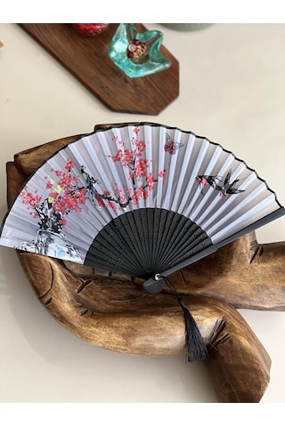 Bambu İpek Şık Japon Yelpaze - Siyah Kırmızı Gri Renk Çiçekli