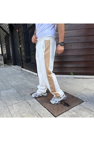 Primemağazam Erkek 3 İplik Pamukku Garnili Şeritli Cepli Eşofman Altı Pantolon - Beyaz Çeşitli