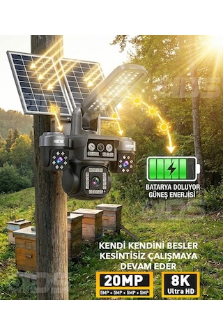 20mp 8k 4 Kamera 1 Otomatik 100gb İnternet Ve 128gb Sd Kart Dahil 4g Solar Güneş Enerjili Kamera