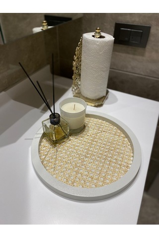 Rattan Hazeran Yuvarlak Tepsi Beyaz %100 Doğal Hazeran