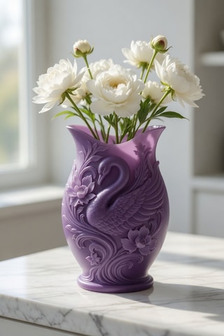 Kuğu Desenli Dekoratif Vazo 15 Cm 3d Baskılı Mat Dokulu Şık Masa Ve Raf Dekoru Mor