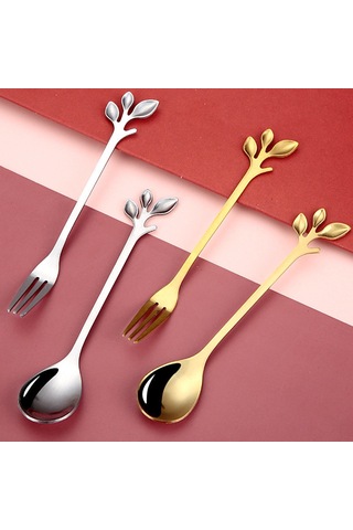 Neevoyu Evde Kullanalım Yeşil Yaprak Desenli Paslanmaz Çelik Kahve Kaşığı, Tatlı Çatalı, Ev Çamaşırı Servis Takımı - Altın Renkli Estetik Spoon Fork Seti Altın