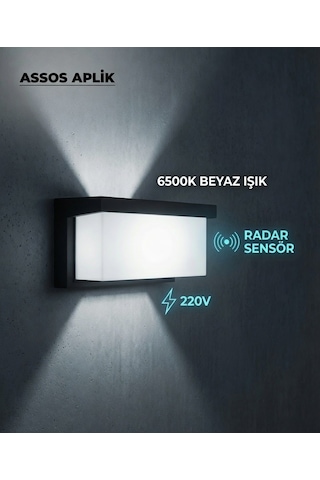 Assos Aplik Radar Sensörlü Dış Mekan Duvar Armatürü 6500k Beyaz Işık 220v Siyah Assos Aplik Radar Sensörlü Dış Mekan Duvar Armatürü 6500k Beyaz Işık 220v Siyah