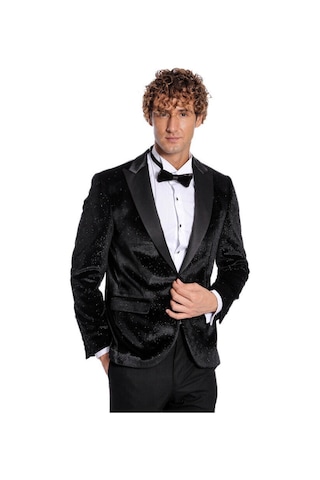 Simli Slim Fit Kadife Siyah Erkek Smokin Ceket - Wessi Siyah