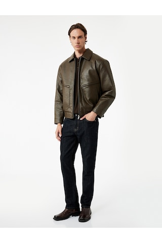 Koton Slim Fit Uzun Kollu Fermuarlı Gömlek Yaka Suni Deri Ceket Khakı 6wam20162hw Haki