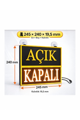 Açık Kapalı Yazılı Led Işıklı Tabela Siyah Kasa Sarı Işık