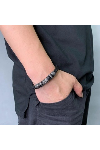 Moda Klasik Aslan Kafası Tokalı Deri Bileklik Erkekler İçin Günlük Punk Takı Hediye Siyah