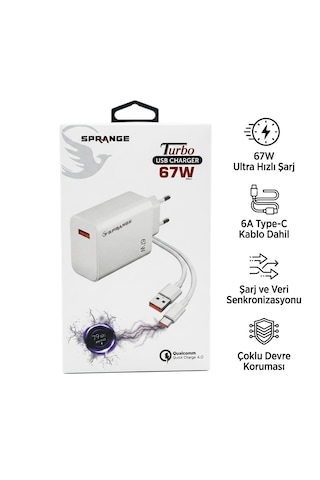 Sprange Pt-x67 67w Turbo Hızlı Şarj Cihazı + 6a Type-c Şarj Ve Data Kablosu 67w'lık