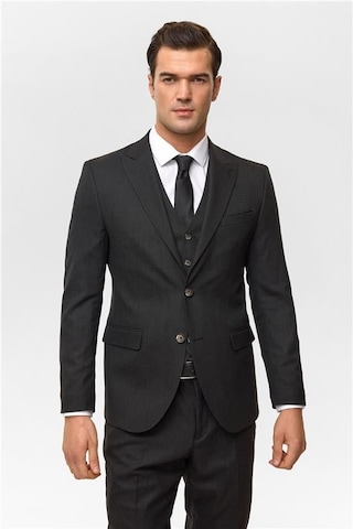 Siyah Slim Desenli Sivri Yaka 6 Drop Yelekli Takım Elbise Siyah