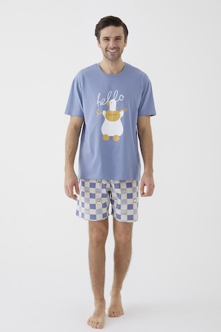 Erkek Kısa Kollu Pamuklu Ekose Desenli Ördek Baskılı Şortlu Pijama Takımı Ke30309 Mavi