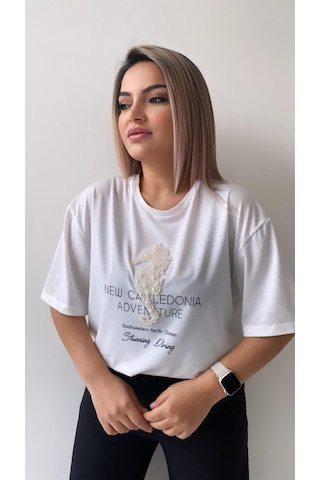 Inci Işlemeli Adven Ture Tişört /ekru Beyaz
