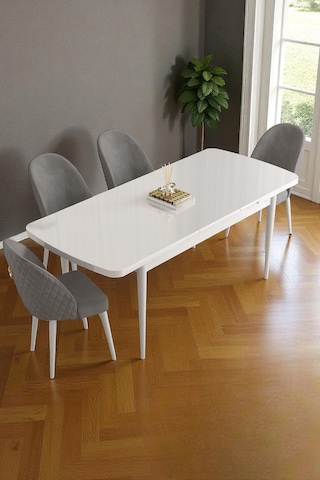 Mura Beyaz 80x132 Açılabilir Mdf Masa Yemek Odası Takımı, Mutfak Takımı 4 Adet Sandalye Gri