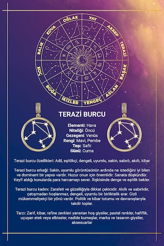 14 Ayar Altın Terazi Burcu Kolye Ucu Burç Yıldız Haritası Sarı Altın