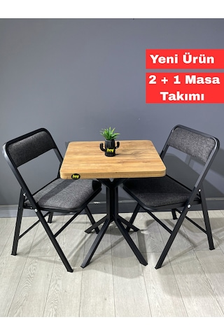 Mercan Ceviz 2 Kişilik Kare Mutfak Yemek Masası Takımı 2+1 Keten Gri 60 Cm Cevizgri 2'li