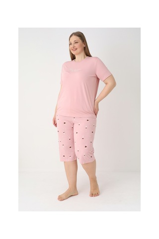 Estiva Kadın Kalp Alt Desenli Pembe Kısa Kollu Kaprili Soft Battal Pijama Takımı Çok renkli