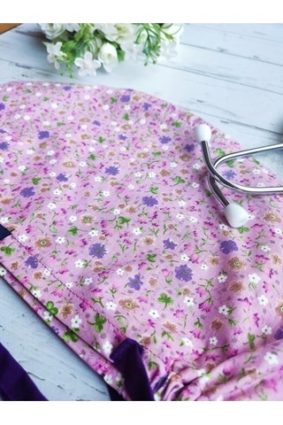 Tesettür Gülkurusu Çıtır Çiçek Desenli Cerrahi Bone Doktor Hemşire Sağlıkçı Bonesi Geniş Kesim