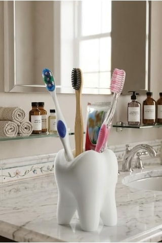 Diş Şeklinde Dekoratif Diş Fırçalık, Beyaz, Plastik, Modern Diş Fırçası Ve Diş Macunu Tutucu Çok Renkli