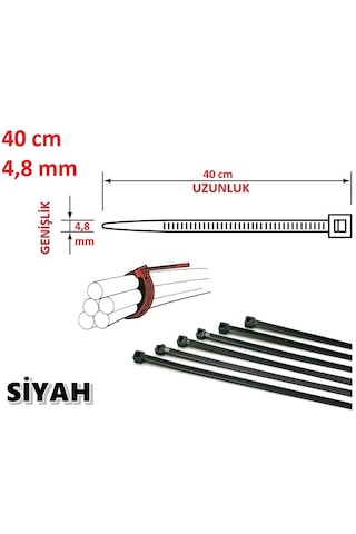 100 Adet 40cmx4,8mm Siyah Plastik Cırt Kelepçe Kablo Bağı
