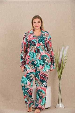 L'ombre Büyük Beden Renkli Yaprak Desenli Düğmeli Uzun Kol Viskon Pijama Takımı Çok Renkli