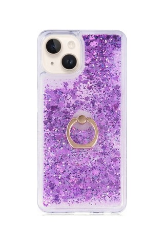 Flody Apple Uyumlu iPhone 15 Kılıf Sulu Simli Akışkan Silikon Yüzüklü Mor